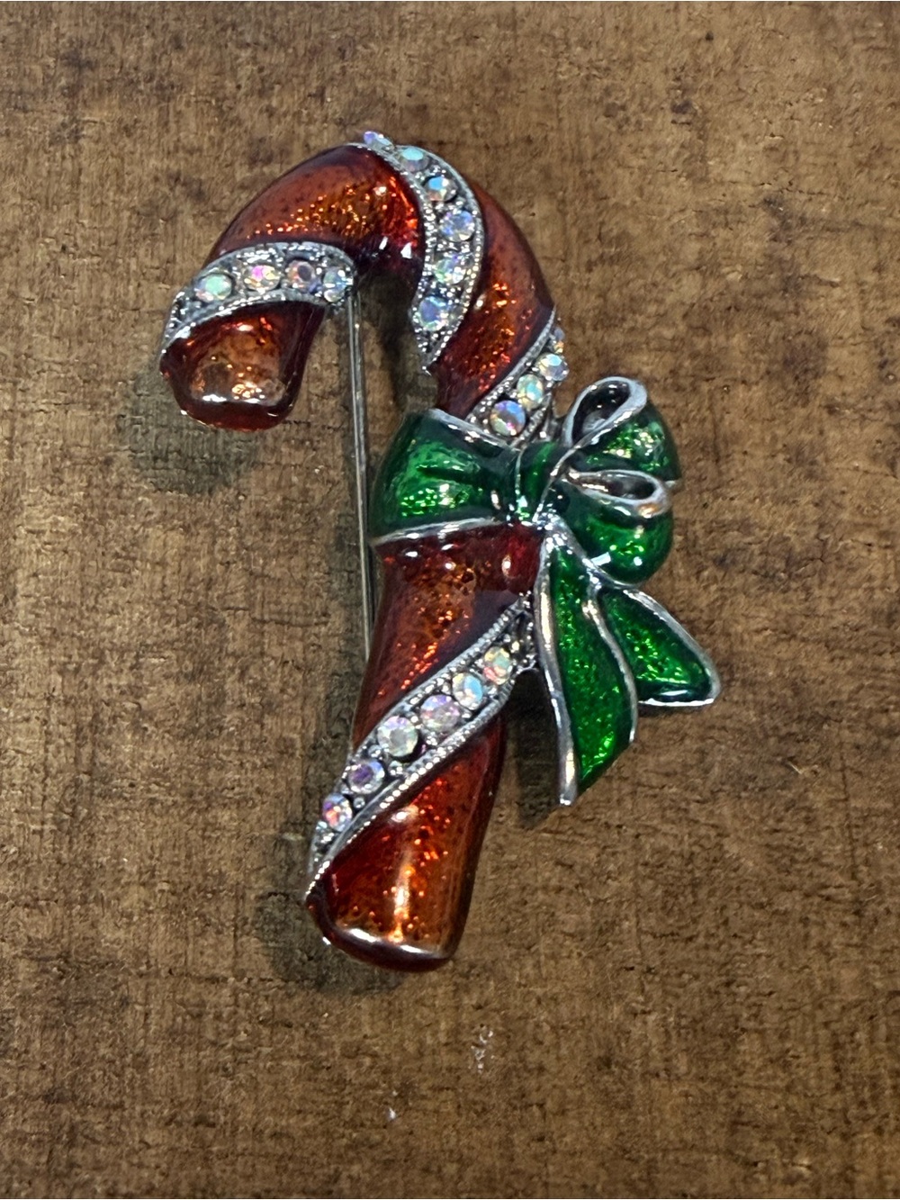 Christmas Candy Cane Brooch Red Green Enamel Rhinestone Holiday Pin Whimsy Retro